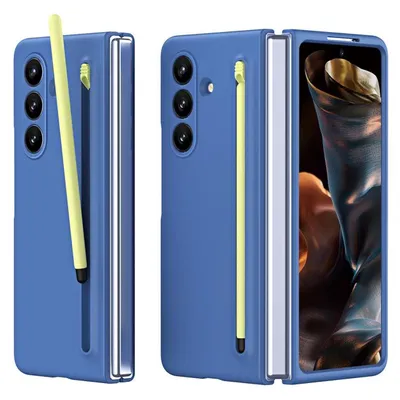 A blue phone case with a yellow stylus holder is shown from two angles.