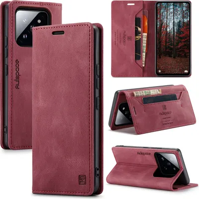 Produktbild von Xiaomi 14 Hülle, Retro Kunstledertasche Stand Schutzhülle für Xiaomi 14 Rot