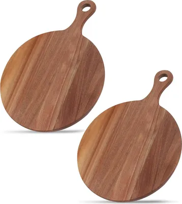 Produktbild von Pizzabrett & Teller Set 2 Stück, rundes Holz 30 cm mit Griff, 30×41 cm, robustes Pizzabrett für Küche, Pizzaabend & Servieren