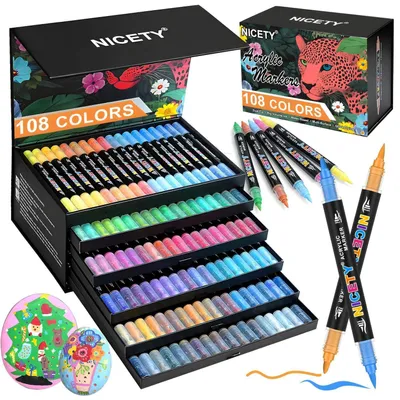 Produktbild von Acrylstifte Set 108 Farben Wasserfest Dual Tip 1-5mm Pinselspitze 1mm Feinspritze für Stein Holz Glas Keramik Metall Leinwand Papier mit Ersatzspitzen