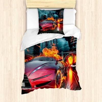 Produktbild von ABAKUHAUS Autos Mantele, Red Hot Concept Car Flames, Milbensicher Allergiker geeignet mit Kissenbezügen, 135 cm x 200 cm - 80 x 80 cm, Red Orange Blue