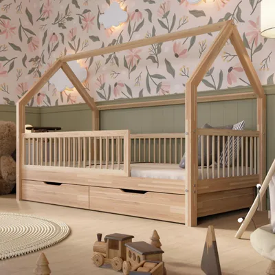Produktbild von Crazy Pine Hausbett mit Schubladen 160x80 cm – Montessori Kinderbett aus stabilem massivem Kiefernholz – Kinderbett mit Stauraum – Crazy Folly
