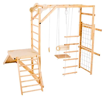 Productafbeelding van Binnenplaats speeltoestel, houten speeltoestel voor kinderen, 8-in-1, met een draagvermogen van 100 kg. Montessori klimtoestel met glijbaan, schommel, klimtouw, rekstokken, houten/touwen ladder, klimnet en stang