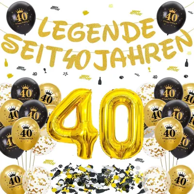 Zdjęcie produktu dla Zestaw dekoracji na 40. urodziny: czarno-złota girlanda, balony, balon z cyfrą "40", konfetti