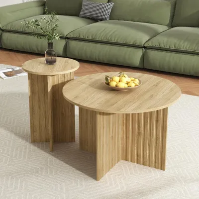 Immagine prodotto di Set di tavolini da salotto – 2 tavolini in stile scandinavo, forma rotonda e rettangolare, legno chiaro