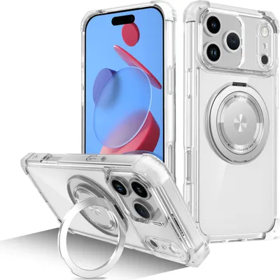 Obrázek produktu pro Pouzdro pro iPhone 17 Pro Max magnetický držák prstenu, stojánek, kompatibilní s MagSafe, vojenská ochrana, průhledné pouzdro Průhledný