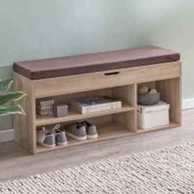 Image de Banc à chaussures FineBuy Sonoma avec assise - Banc de vestiaire en bois 104 cm - Petit banc en bois rembourré - Banc étroit - Rangement pour le couloir - Banc coffre - Coffre à chaussures