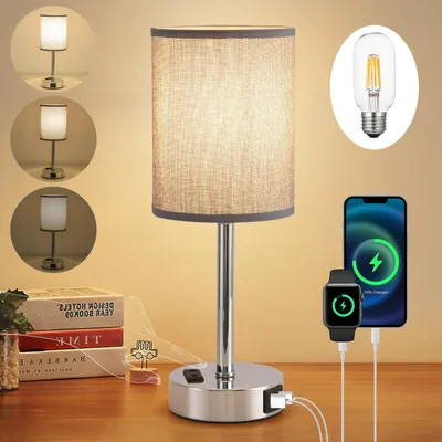 Productafbeelding van Dimbaar nachtlampje, tafellamp met USB A+C oplaadaansluiting, grijs