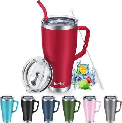 Immagine prodotto di Famanu, tazza termica da 850 ml, colore rosso, con 2 coperchi e cannuccia