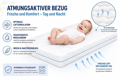 Produktbild von Baby & Kinder Matratze 140x70x8 cm | e Schaumstoffmatratze Mittelfest | Atmungsaktive Kindermatratze Gesteppter Bezug Waschbar | Weiß