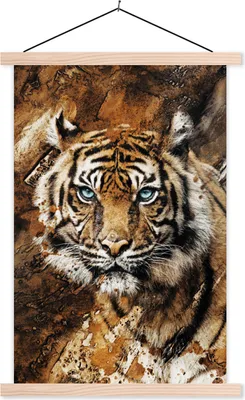 Produktbild von MuchoWow® Textilposter Tiger - Gemälde - Kopf 60x90 cm mit holzfarbenen Rahmen - Textil