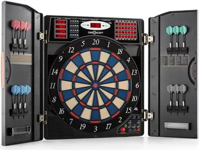 Produktbild von OneConcept Masterdarter - Dartautomat elektronisch, Dartboard, E-Darts, Dartautomat mit Spielcomputer, 38 Verschiedene Spiele, 211 Spielvarianten, bis zu 16 Spieler, virtueller Gegner, Holzoptik