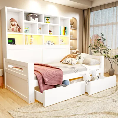 Produktbild von Merax Tagesbett Schlafsofa 90x200cm mit LED-Beleuchtung und Stauraum, Kinderbett mit Steckdosen, Schubladen und offenem Regal, Jugendbett, Weiß