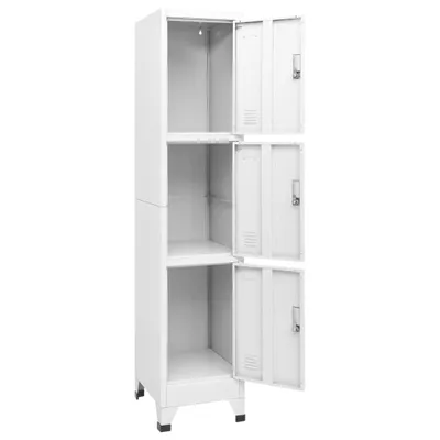 A white metal locker with three compartments, shown from the front with the doors open.