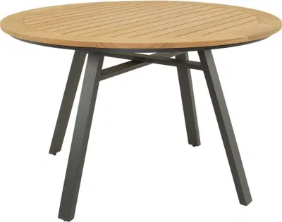 Ein Esszimmer.Tische.Rund_Oval im Maß 120 x 120 x 75 aus Teak, Aluminium. Farbe Anthrazit, Braun