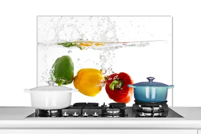 Obrázok produktu pre KitchenYeah® Kuchynský splashback - kuchynský splashback - ochrana steny sporáka a drezu - paprika - voda - zelenina 90x60 - hliníkový dibond (alternatíva skleneného splashbacku) - tepelne odolný - splashback na sporák