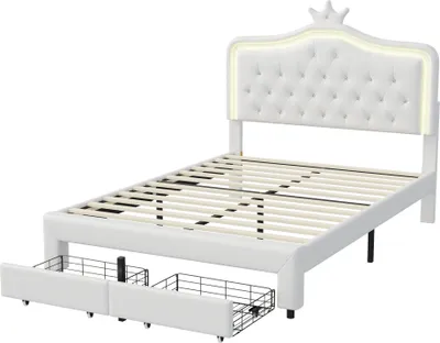 Immagine prodotto di Letto imbottito 140x200 con testata a LED, rete a doghe in legno, bianco