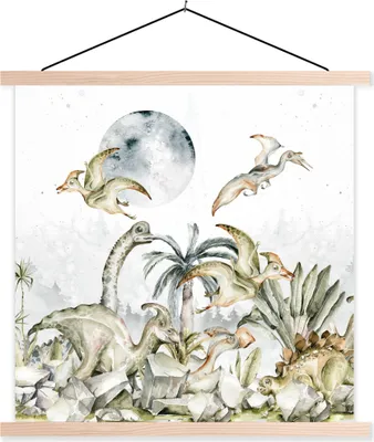 Produktbild von MuchoWow® Textilposter Dinosaurier - Kinder - Dschungel - Grün - Tiere - Natur 40x40 cm mit holzfarbenen Rahmen - Posterleiste