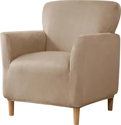 Produktbild von Elastischer Velours-Sesselbezug für kleinen S-Sessel in Beige – dehnbarer Schonbezug