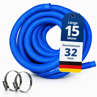 Produktbild von HAF Hochwertiger Pool Schwimmbadschlauch 32mm Blau 15 Meter | Poolschlauch für Garten & Schwimmbad | Solarschlauch + 2x Edelstahl Schlauchschellen