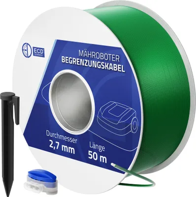 Obrázok produktu pre ECD Germany 50 m univerzálneho ohraničujúceho kábla pre robotické kosačky + 200 uzemňovacích kolíkov + 12 pocínovaných medených káblových konektorov Kompatibilné s Gardena Bosch Husqvarna