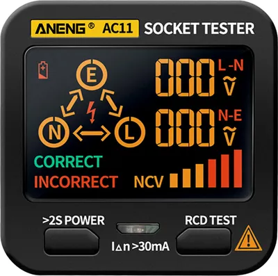 Image de ANENG Testeur de prise AC11 Détecteur de fuite électrique Affichage LCD Fil de terre Ligne zéro Fil sous tension Phase Electroscope électrique multifonctionnel Testeur électrique RCD NCV Détecteur de polarité de circuit Prise EU