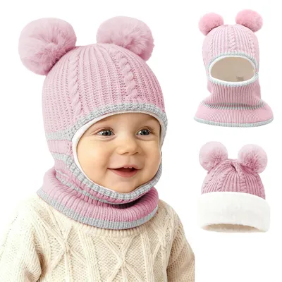 Image de Bonnet d'hiver avec pompon pour bébé, couleur rose