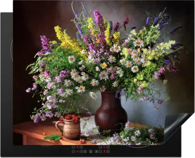 Produktbild von KitchenYeah© Herdabdeckplatte Blumen - Tisch - Stilleben - Blumenstrauß - Vase , 65x52cm, Küche Deko, Glaskeramikkochfeld Herdabdeckung, Abdeckplatte fùr Kochfeld
