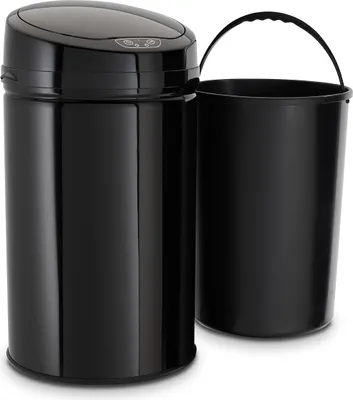 A black sensor trash can and its inner bin are shown against a white background.