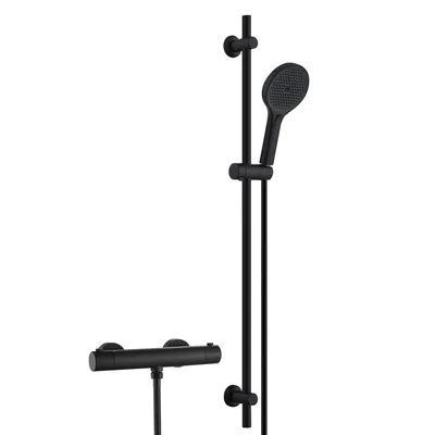 Produktbild von JOHO Edelstahl Duschsystem mit Duscharmatur, Brausestange Set mit Thermostat, Duschkopf mit 3 Strahlarten, Schlauch, Duschstange 100 cm, Schwarz