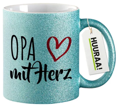 Produktbild von Huuraa Glitzertasse Opa mit Herz 330ml Blau Keramik Kaffeebecher Geschenkidee