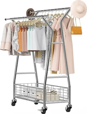 Image de Porte-vêtements, porte-vêtements à roulettes avec 2 tringles et panier de rangement, capacité de charge de 150 kg, porte-vêtements extensibles en acier au carbone avec roulettes pour chambre à coucher, buanderie, salon