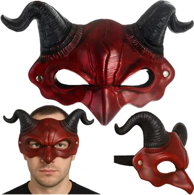 A collage of three images showing a red devil mask with black horns from different angles. One image shows the mask on a white background, another shows a person wearing the mask, and the third shows a side view of the mask.