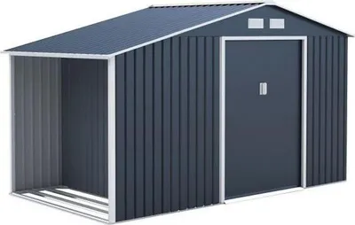 Image de Abri de jardin en métal, 6,53 m², 342 x 191 x 202 cm, Abri bûches, Kit d'ancrage inclus, 2 portes coulissantes, Gris