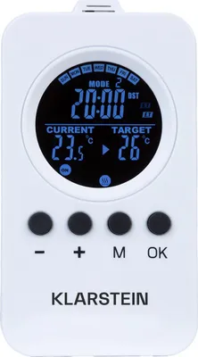 A white digital thermostat with a black screen displaying temperature and time.