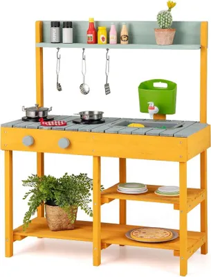 Produktbild von Matschküche Kinder Outdoor, Kinderküche Holz mit Wasserfunktion, Spielküche mit Haken & abnehmbarem Regal, Gartenküche Outdoorküche für Kinder ab 3 Jahren