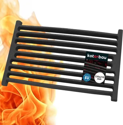 A black metal grill grate is shown against a background of flames.