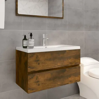 Produktbild von The Living Store Waschbeckenschrank mit Einbaubecken Räuchereiche Holzwerkstoff
