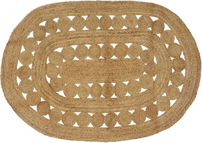 Produktbild von Naturfarbener Jute-Teppich, 122 x 183 cm, handgefertigter Boho-Bereichsteppich mit rundem Muster für das Wohnzimmer