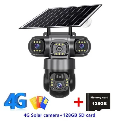 Image de Caméra de surveillance solaire d'extérieur - Caméra IP PTZ 4G - 3 objectifs 15 MP - Panneau solaire 8 W et batterie 8 000 mAh - Détection de présence PIR - Carte microSD de 128 Go incluse