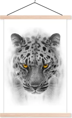 Produktbild von MuchoWow® Textilposter Leopard - Schwarz - Weiß - Tier 60x90 cm mit holzfarbenen Rahmen - Textil