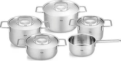 A set of five stainless steel pots and pans with lids, arranged on a white background.