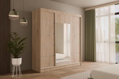 Produktbild von ALTDECOR Kleiderschrank mit Spiegel und Schiebetüren, Garderobenschrank mit viel Stauraum, Schwebetürenschrank, Schrank V2-LINEA 215x200 cm Sonoma Eiche