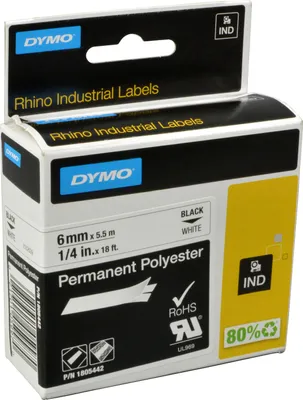 Produktbild von DYMO Rhino Industrie Permanente Polyesteretiketten | 6 mm x 5,5 m | Schwarz auf Weiß | selbstklebendes Schriftband | für Rhino und LabelManager Beschriftungsgerät, Schwarz auf weiss, Mehrfarbig, Polyester, -40 - 150 °C, UL 969, DYMO