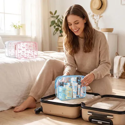 Image de Trousse de toilette transparente, lot de 3, en PVC, avec fermeture éclair, idéale pour les voyages