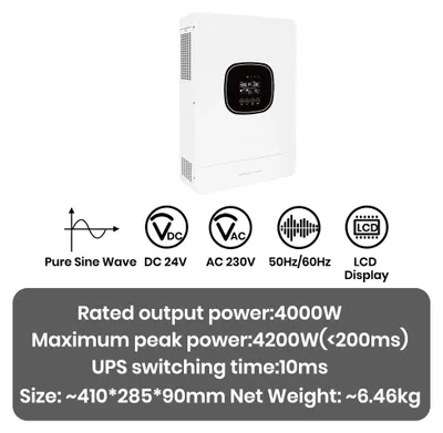 Obrázok produktu pre Solárne meniče bez pripojenia k sieti - 4000W, 24V, ostrovný menič - výstup 230V - čistá sínusoida - solárny nabíjací regulátor MPPT - LCD displej - inteligentné zariadenie
