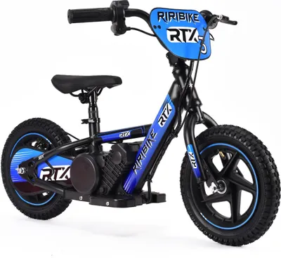 Image de Vélo électrique pour enfants RIRIBIKE RTX3 24V (12"), bleu, batterie au lithium, moteur 100W, frein à disque, siègePolyuréthanesouple réglable