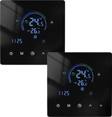 Two digital LCD room thermostats are shown against a white background.
