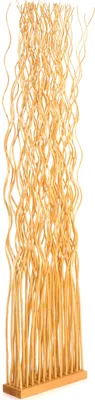 A tall, decorative room divider made of woven willow wood.