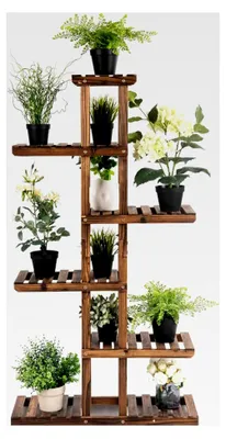 Produktbild von Pflanzenregal aus Holz, Blumenregal mit 6 Ebenen, mehrstöckiger Blumenständer, Blumentreppe, Holzregal für Balkon, Terrasse und Garten (75x25x140 cm)